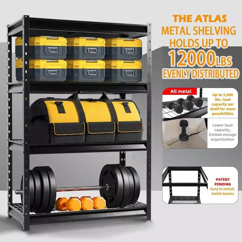 Étagère Atlas à 4 niveaux 122cmx61cmx183cm Unité de rangement de garage robuste Charge 5443kg Fini martelé
