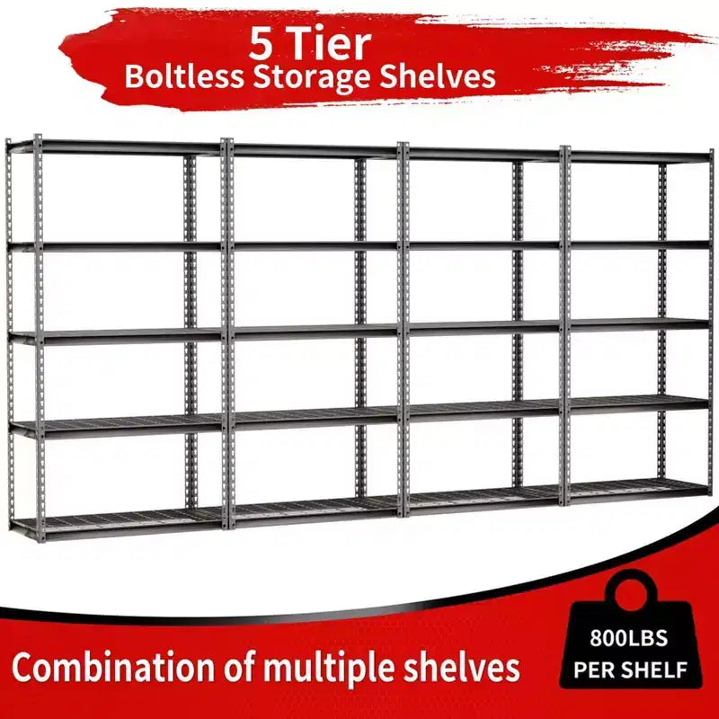 Étagère Atlas 5 niveaux 36"x18"x72" en acier sans boulons, charge 4000 lb avec plateau en fil métallique, finition martelée