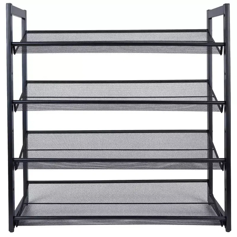 Organize It All Meuble à Chaussures 4 Niveaux en Maille Noir : Cadre en fer, 16 paires, Autoportant, Profondeur 75,7 cm