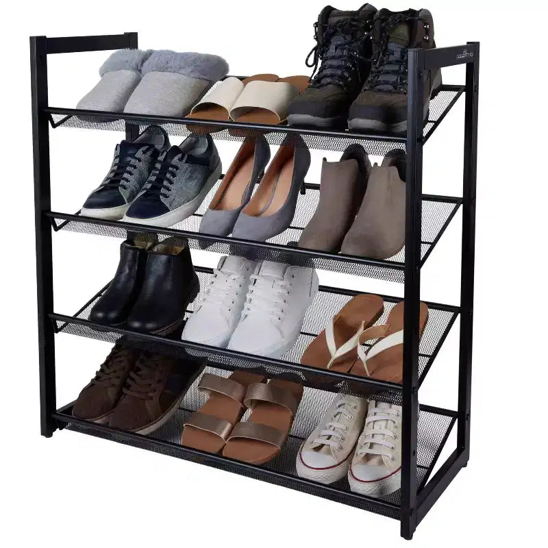 Organize It All Meuble à Chaussures 4 Niveaux en Maille Noir : Cadre en fer, 16 paires, Autoportant, Profondeur 75,7 cm