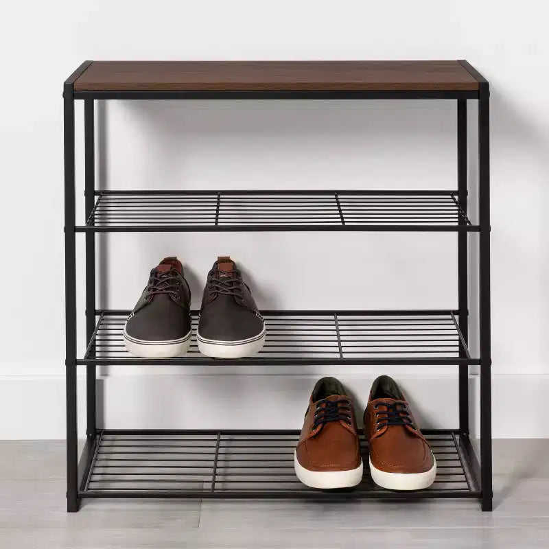 Étagère à chaussures 4 niveaux en métal noir avec bois de noyer - Brightroom™