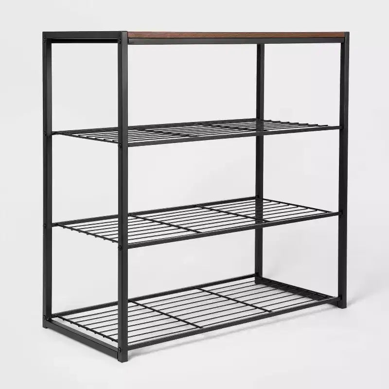Étagère à chaussures 4 niveaux en métal noir avec bois de noyer - Brightroom™