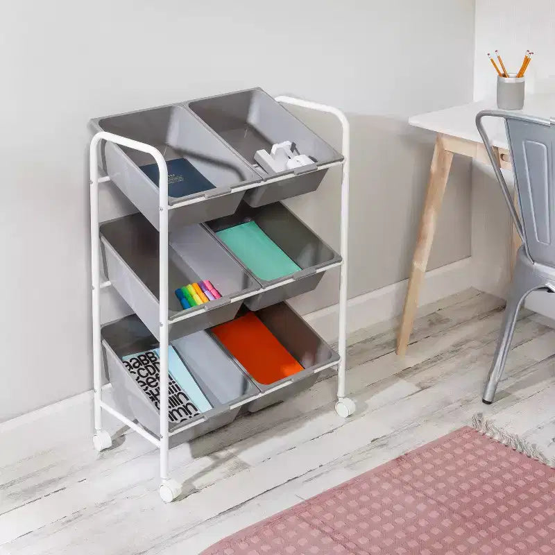 Honey-Can-Do Chariot roulant à 6 bacs : Rangement utilitaire en acier, Résistant à la décoloration, Autoportant au sol, 86 cm de hauteur, 61 cm de profondeur, Gris