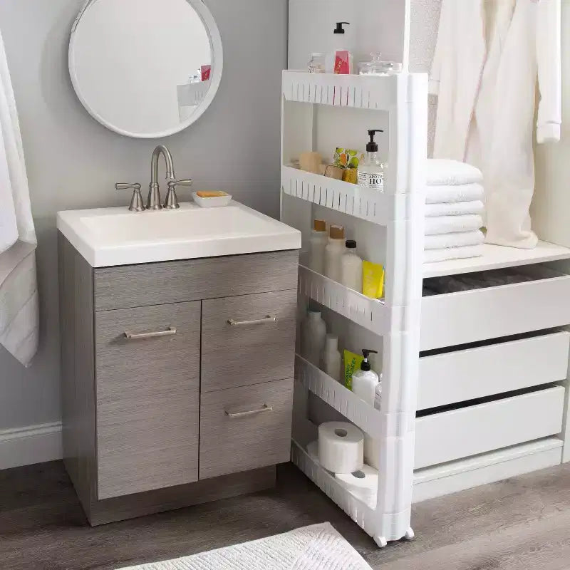 Simplifiez votre quotidien avec le chariot de rangement roulant fin à 5 niveaux avec roues blanc Kennedy International : chariot de rangement utilitaire fin, en polypropylène