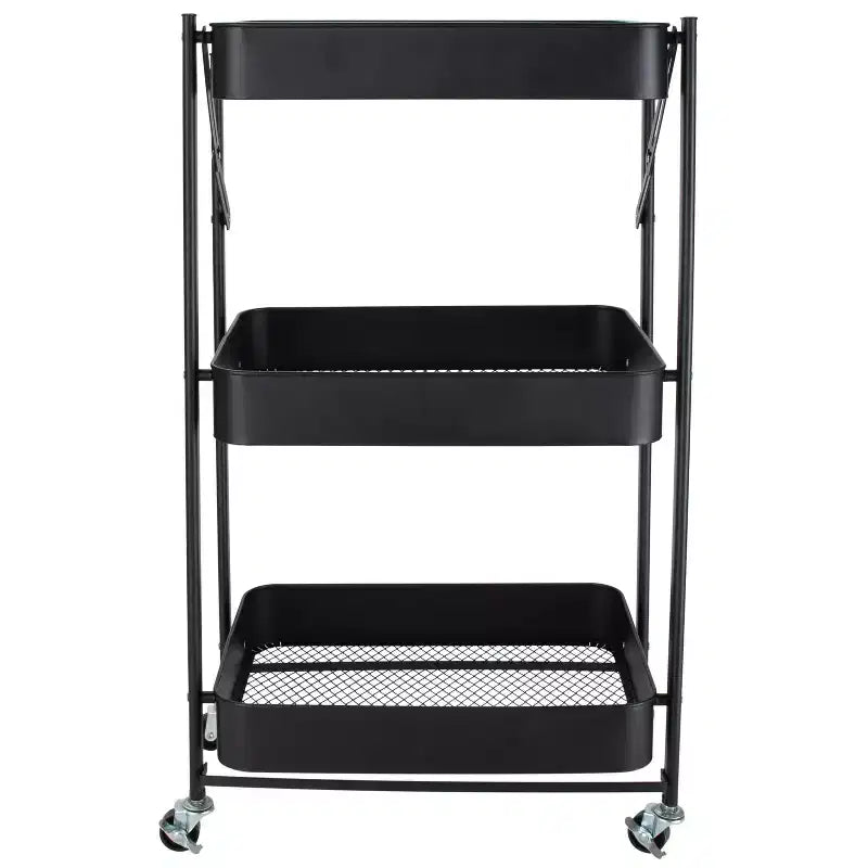 Chariot de rangement utilitaire en métal pliable à 3 niveaux Organize It All avec roues verrouillables noir