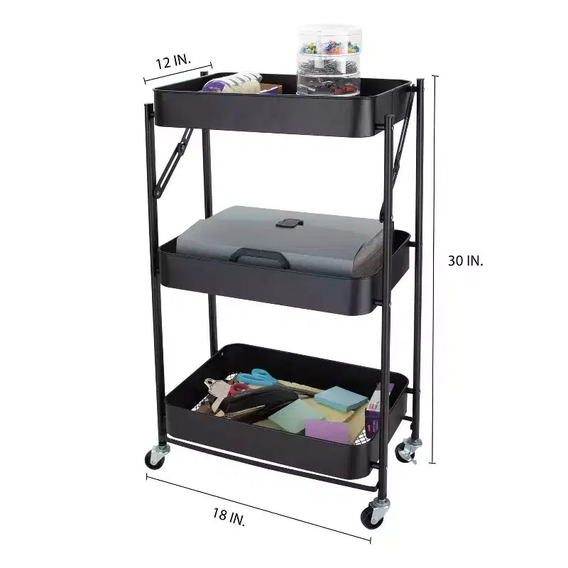 Chariot de rangement utilitaire en métal pliable à 3 niveaux Organize It All avec roues verrouillables noir