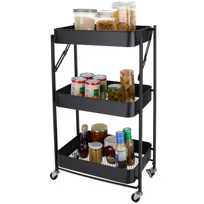 Chariot de rangement utilitaire en métal pliable à 3 niveaux Organize It All avec roues verrouillables noir