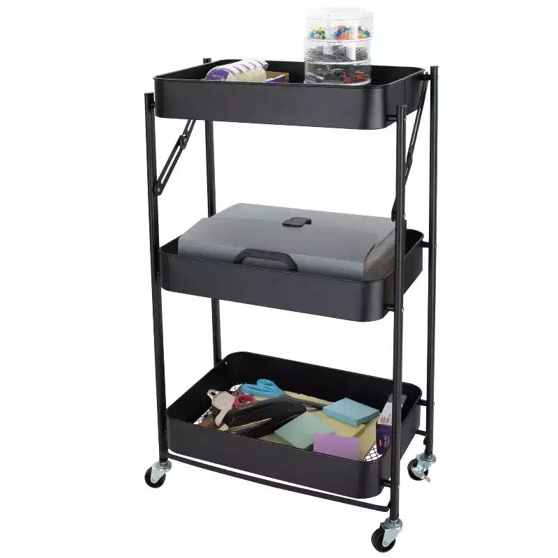 Chariot de rangement utilitaire en métal pliable à 3 niveaux Organize It All avec roues verrouillables noir