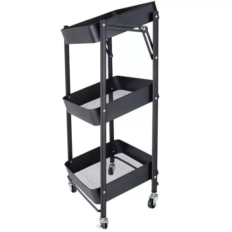 Chariot de rangement utilitaire en métal pliable à 3 niveaux Organize It All avec roues verrouillables noir