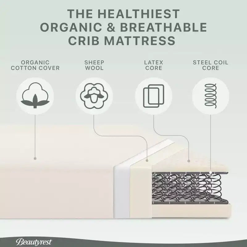 Matelas hybride certifié biologique PureEarth de Beautyrest pour lit de bébé et tout-petit de 10 cm : Ferme, mousse de latex, respirant