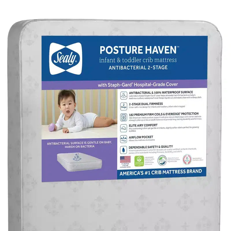 Matelas Sealy Posture Haven 2 étapes pour lit de bébé et tout-petit : Housse imperméable, Remplissage en fibre de polyester, Sans mousse, 14 cm d'épaisseur