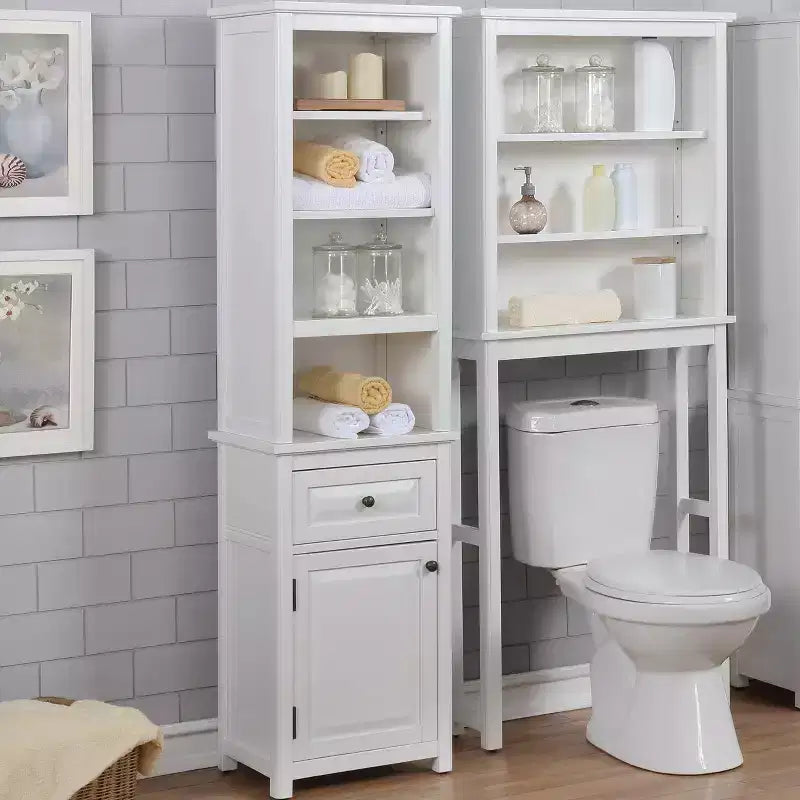 Alaterre Furniture Dorset, tour de rangement de salle de bain avec étagères supérieures ouvertes, meuble bas et tiroir : Tour de rangement en bois massif