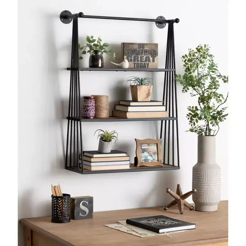 Étagère murale suspendue Nevin 23 po x 30 po marron rustique/noir – Kate and Laurel : Cadre en métal, 3 étagères ouvertes
