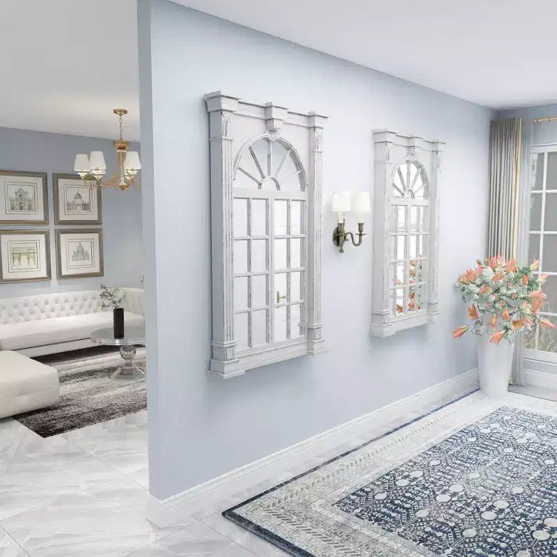 Miroir mural inspiré des carreaux de fenêtre en bois avec haut arqué et crème vieilli - Olivia & May : style vintage, aucun assemblage requis