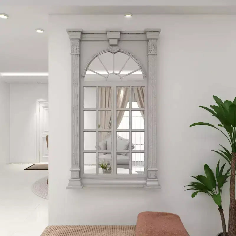 Miroir mural inspiré des carreaux de fenêtre en bois avec haut arqué et crème vieilli - Olivia & May : style vintage, aucun assemblage requis