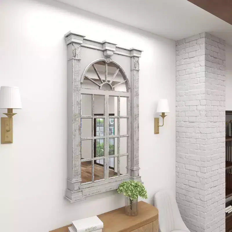 Miroir mural inspiré des carreaux de fenêtre en bois avec haut arqué et crème vieilli - Olivia & May : style vintage, aucun assemblage requis