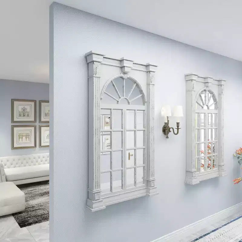 Miroir mural inspiré des carreaux de fenêtre en bois avec haut arqué et crème vieilli - Olivia & May : style vintage, aucun assemblage requis