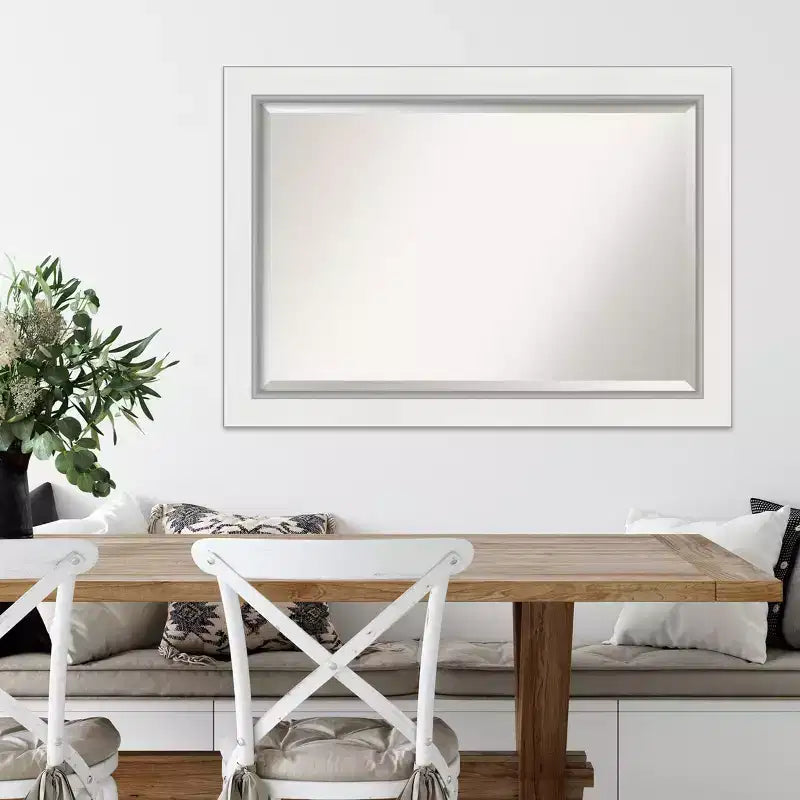 Miroir mural encadré Eva blanc 42 po x 30 po argenté - Amanti Art : Moderne biseauté, aucun assemblage requis
