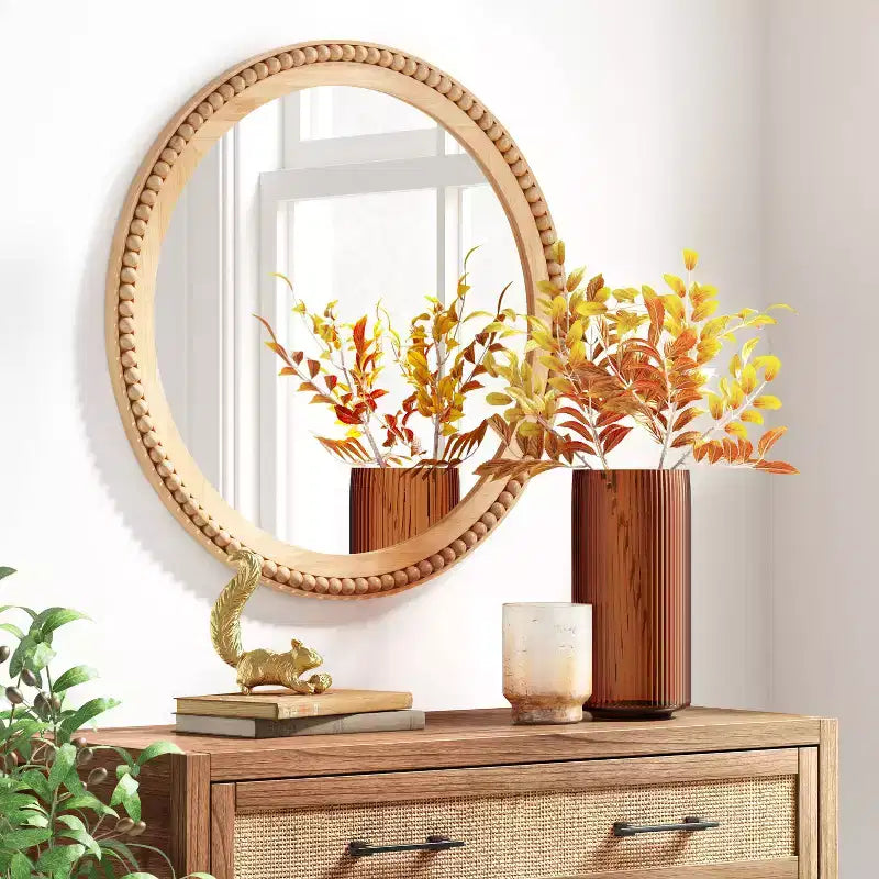 Miroir mural rond en bois à perles de 71 cm - Natural - Threshold™ : Détails perlés, aucun assemblage requis