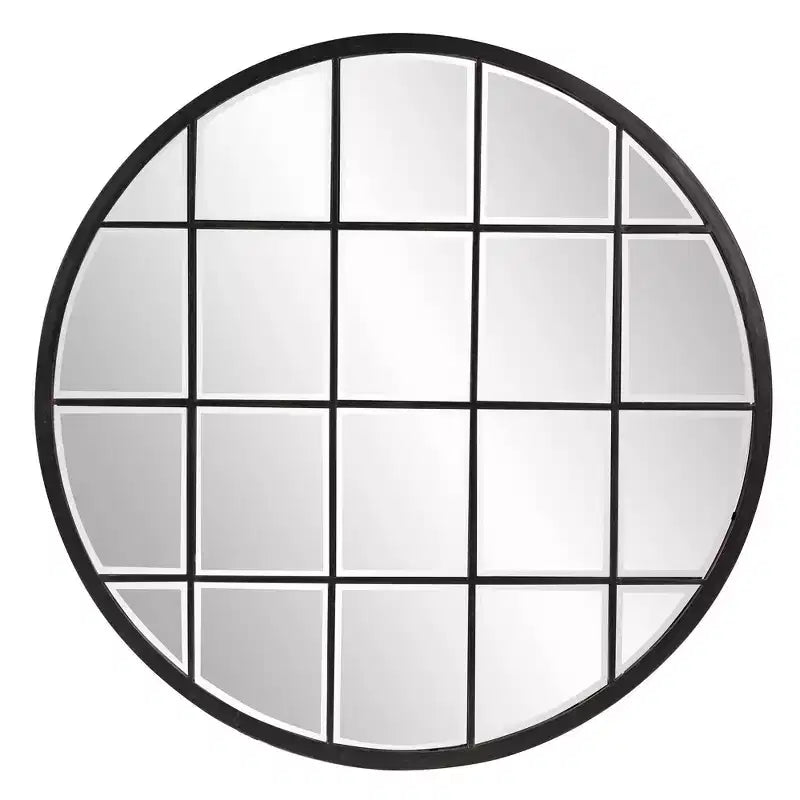 Howard Elliott 36"x36" Round Wall Mirror with Metal Windowpane Frame: Oil Rubbed Bronze, Beveled Glass, No Assembly Required