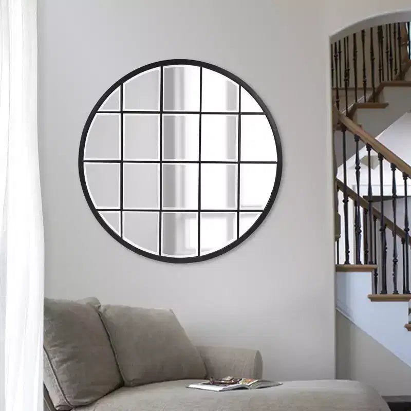 Miroir mural rond 36"x36" Howard Elliott avec cadre en métal à carreaux : bronze huilé, verre biseauté, aucun assemblage requis