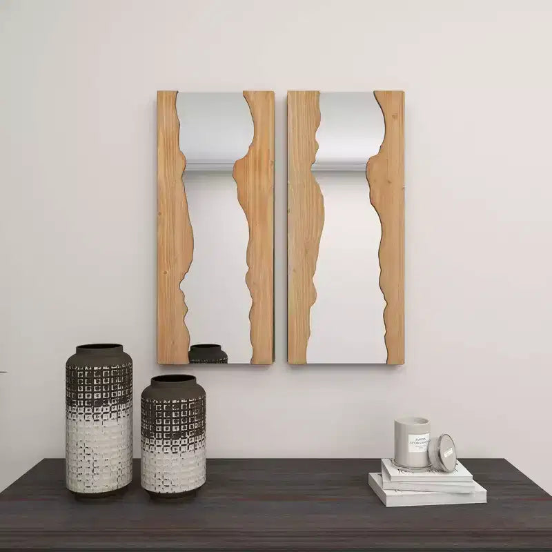 Lot de 2 miroirs muraux contemporains en bois marron – Olivia & May : rectangulaire fait main, bord brut, aucun assemblage requis