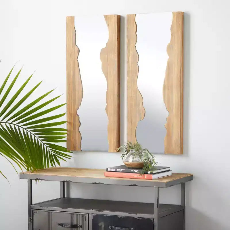 Lot de 2 miroirs muraux contemporains en bois marron – Olivia & May : rectangulaire fait main, bord brut, aucun assemblage requis