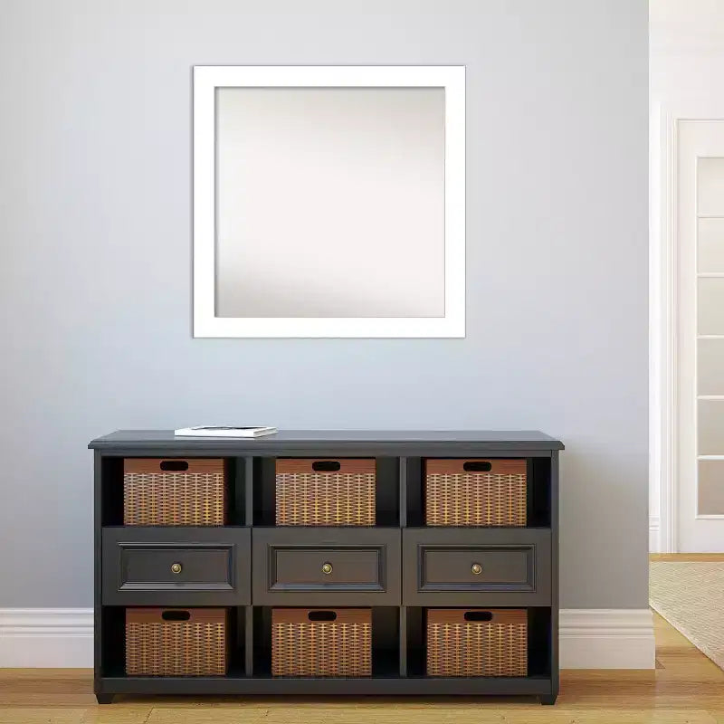 Miroir mural de salle de bain blanc sans biseau 30 po x 30 po - Amanti Art : carré moderne pour coiffeuse, quincaillerie de montage incluse