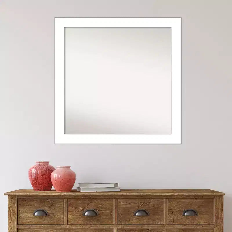 Miroir mural de salle de bain blanc sans biseau 30 po x 30 po - Amanti Art : carré moderne pour coiffeuse, quincaillerie de montage incluse