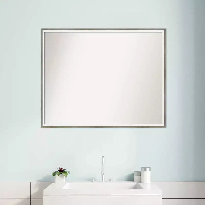 Miroir mural de salle de bain Lucie Wood sans biseau de 29 po x 23 po, argent - Amanti Art : Rectangulaire moderne, quincaillerie de montage incluse