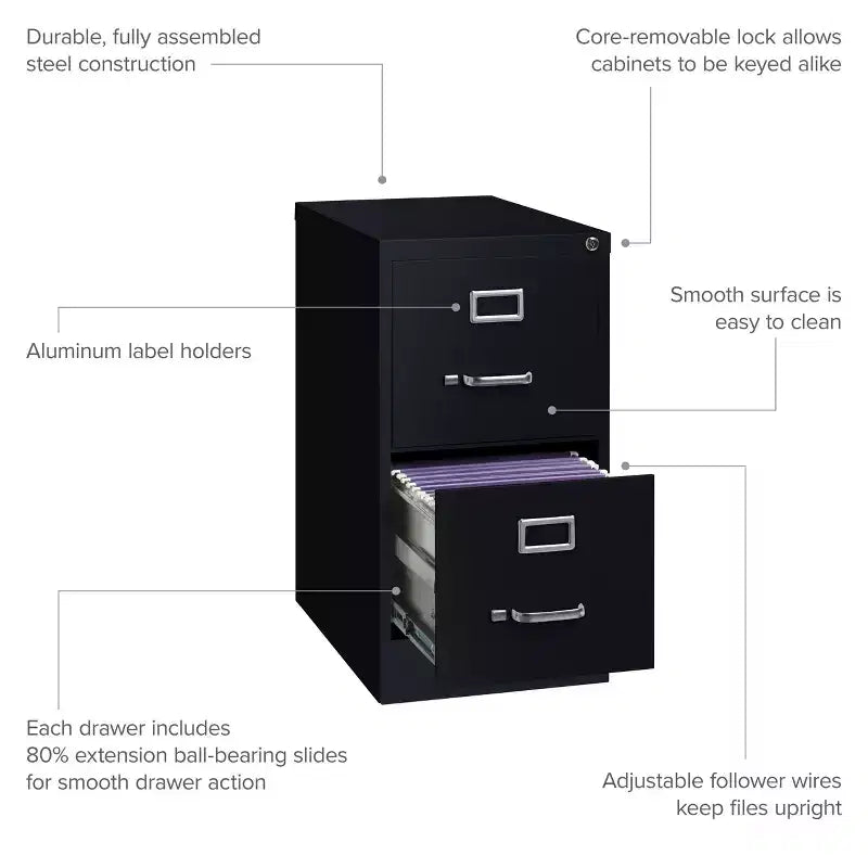 Hirsh Classeur vertical 2 tiroirs 56 cm Noir : Cadre en acier, certifié GreenGuard et ANSI/BIFMA, aucun assemblage requis