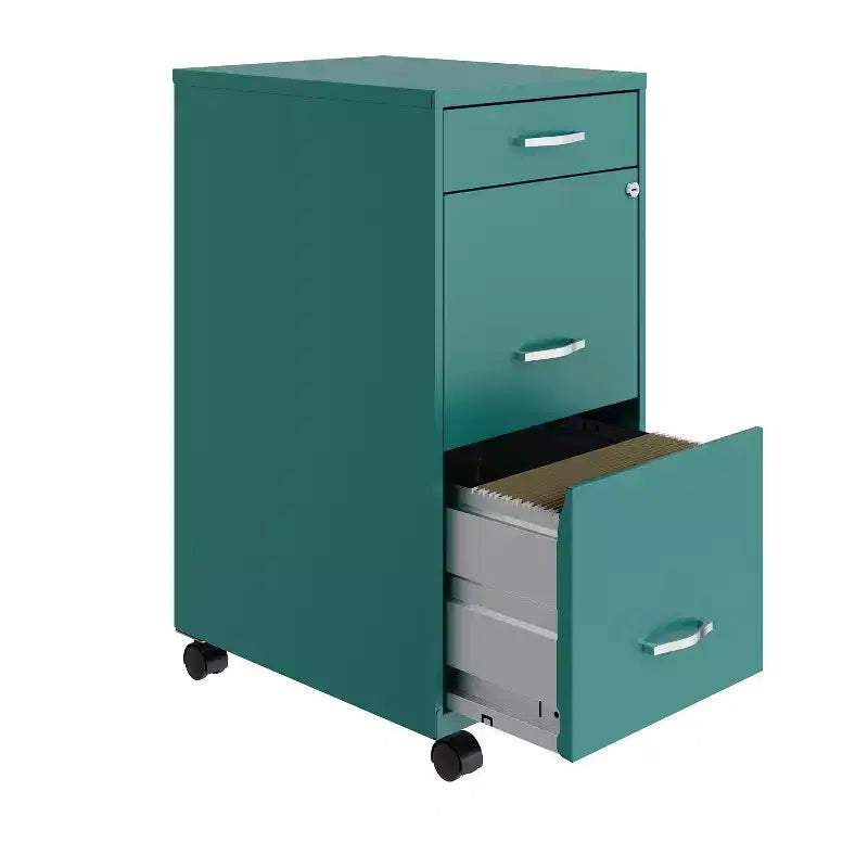 Solutions pour espaces de travail Caisson de classement vertical mobile à 3 tiroirs de largeur lettre, profondeur 18 po, sarcelle