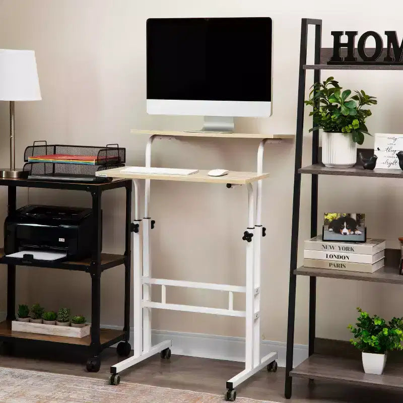 Bureau assis/debout roulant blanc avec rangement latéral - Mind Reader