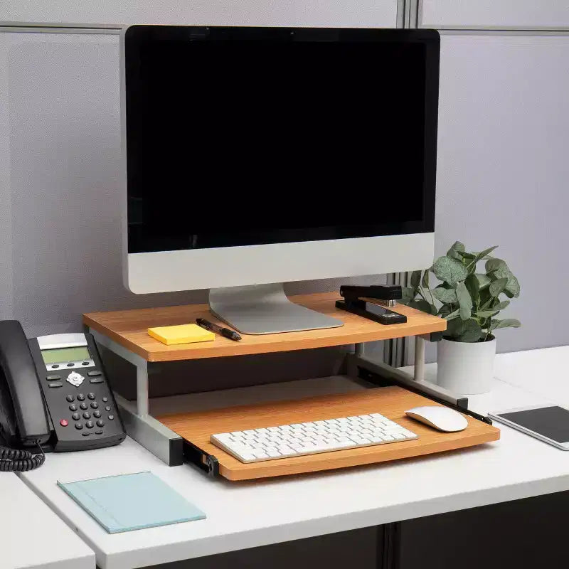 Support d'écran Mind Reader, tiroir coulissant pour clavier, ordinateur portable, rehausseur, bureau, bois, métal, 50,8 cm (L) x 37,5 cm (l) x 15 cm (H), marron, argent