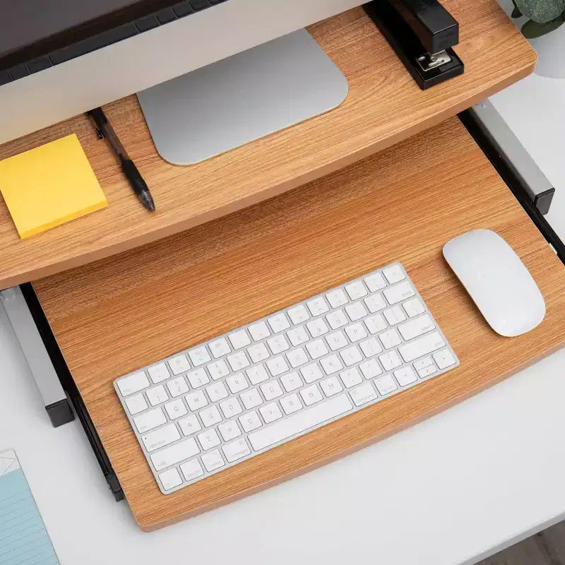 Support d'écran Mind Reader, tiroir coulissant pour clavier, ordinateur portable, rehausseur, bureau, bois, métal, 50,8 cm (L) x 37,5 cm (l) x 15 cm (H), marron, argent
