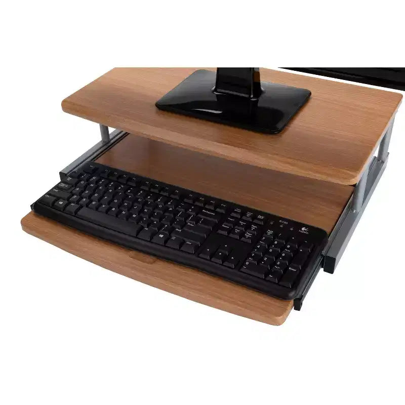 Support d'écran Mind Reader, tiroir coulissant pour clavier, ordinateur portable, rehausseur, bureau, bois, métal, 50,8 cm (L) x 37,5 cm (l) x 15 cm (H), marron, argent