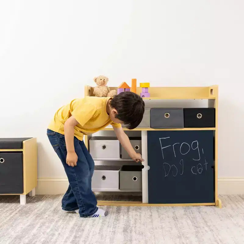 Organisateur pour enfants Humble Crew avec bacs en tissu et portes-graffiti en bois naturel : cadre en MDF, 1 étagère, 2 ans et plus, 86,4 cm l. x 81,3 cm h.