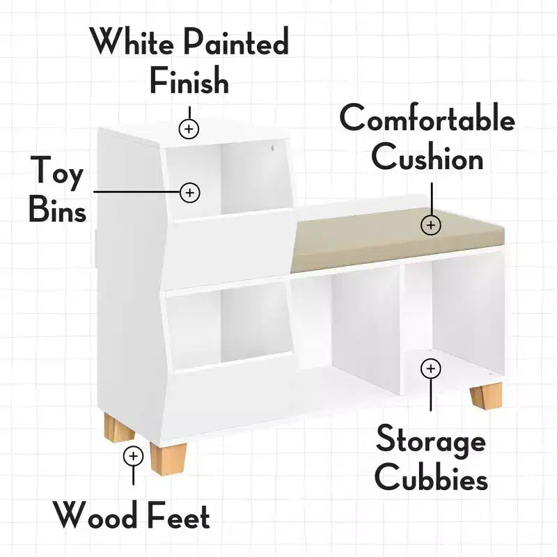 Banc de rangement RiverRidge Kids' Catch-All Cubby avec étagères de rangement pour jouets et siège rembourré pour coin lecture et salle de jeux, blanc