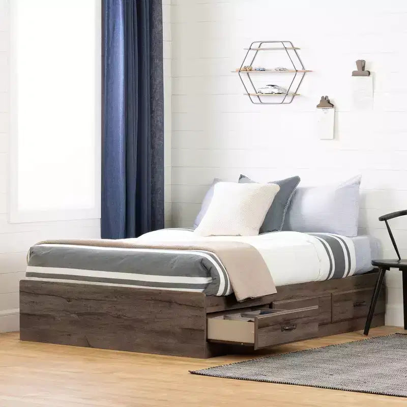 Lit double pour enfant Ulysse, avec 3 tiroirs, Chêne automne - South Shore : Lit double moderne, rangement, non-rembourré