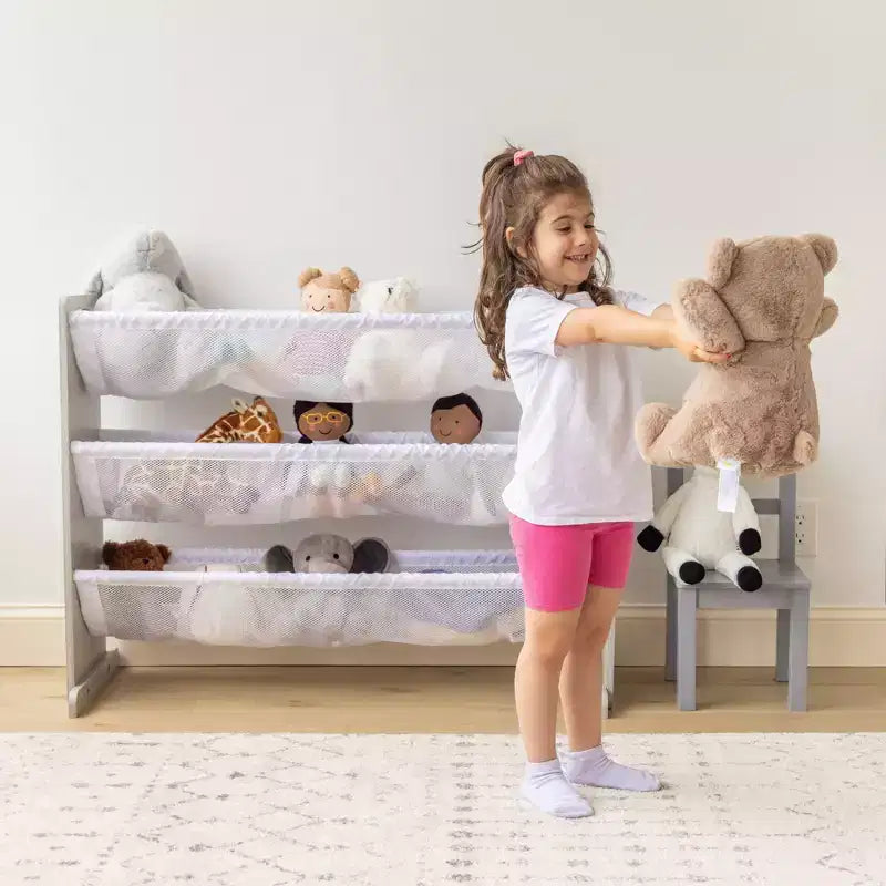 Humble Crew Kids' Slate Organisateur de peluches gris : Cadre en MDF, 3 étagères, 4 bacs de rangement, 81,3 cm H x 106,7 cm L x 27,9 cm P
