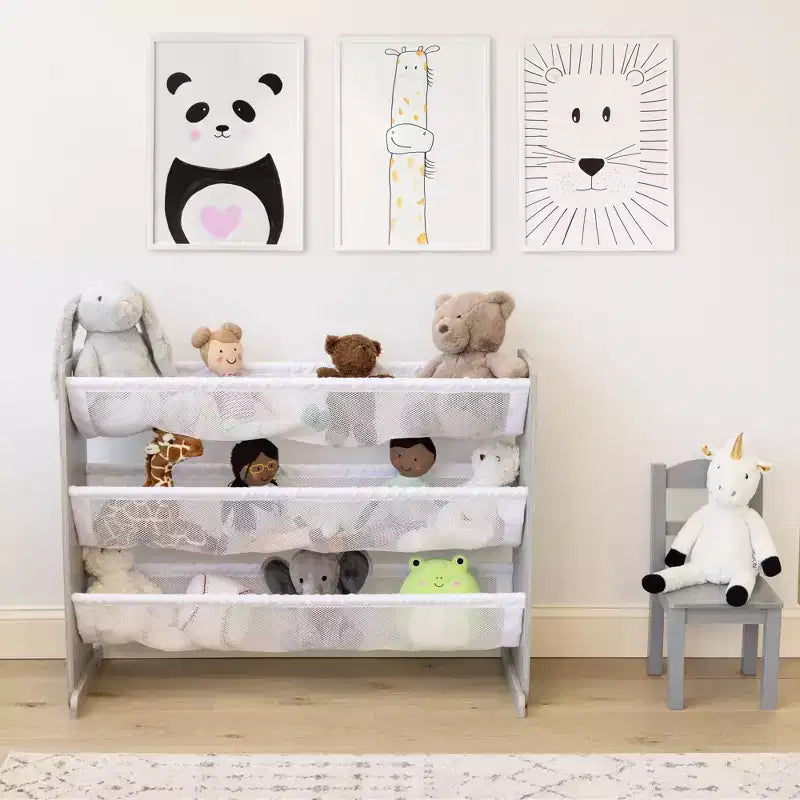 Humble Crew Kids' Slate Organisateur de peluches gris : Cadre en MDF, 3 étagères, 4 bacs de rangement, 81,3 cm H x 106,7 cm L x 27,9 cm P