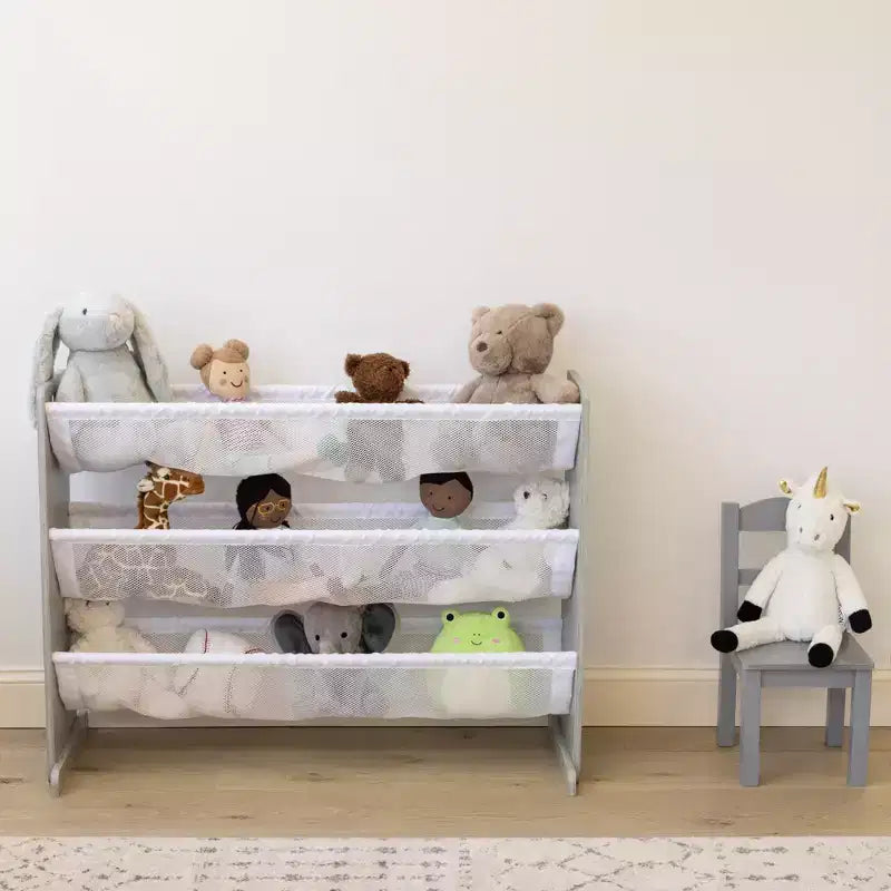Humble Crew Kids' Slate Organisateur de peluches gris : Cadre en MDF, 3 étagères, 4 bacs de rangement, 81,3 cm H x 106,7 cm L x 27,9 cm P
