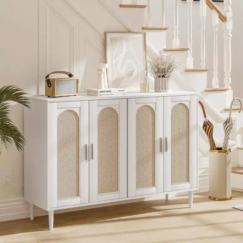 Buffet Garvee en rotin, meuble de rangement à 4 portes, console de bar à café, étagères réglables pour cuisine, couloir, salon