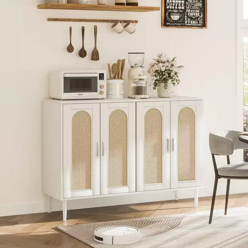 Buffet Garvee en rotin, meuble de rangement à 4 portes, console de bar à café, étagères réglables pour cuisine, couloir, salon