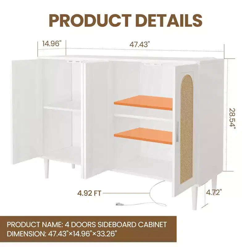 Buffet Garvee en rotin, meuble de rangement à 4 portes, console de bar à café, étagères réglables pour cuisine, couloir, salon