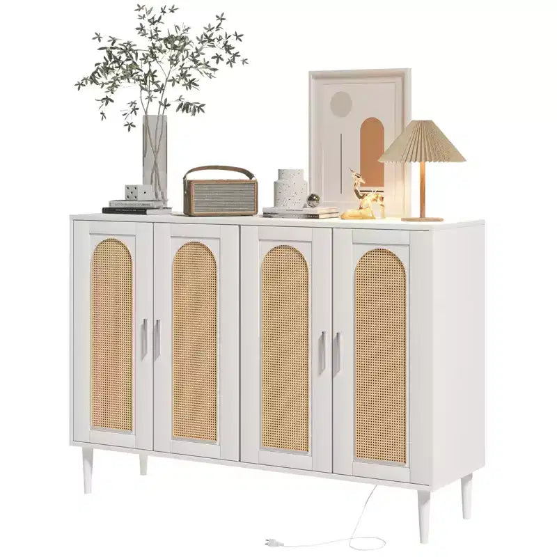 Buffet Garvee en rotin, meuble de rangement à 4 portes, console de bar à café, étagères réglables pour cuisine, couloir, salon