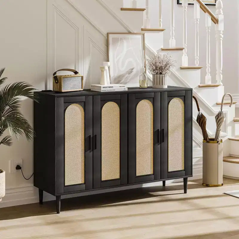 Buffet Garvee en rotin, meuble de rangement à 4 portes, console de bar à café, étagères réglables pour cuisine, couloir, salon