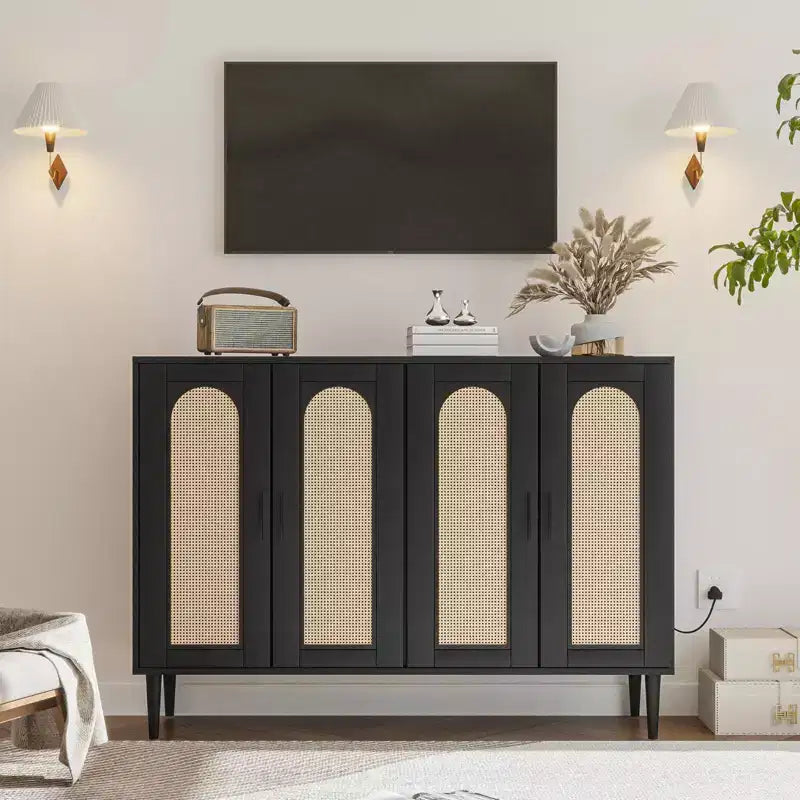 Buffet Garvee en rotin, meuble de rangement à 4 portes, console de bar à café, étagères réglables pour cuisine, couloir, salon