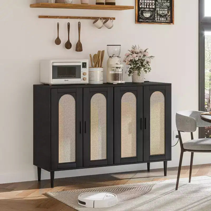 Buffet Garvee en rotin, meuble de rangement à 4 portes, console de bar à café, étagères réglables pour cuisine, couloir, salon