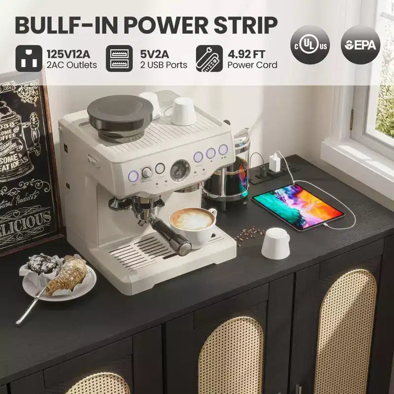 Buffet Garvee en rotin, meuble de rangement à 4 portes, console de bar à café, étagères réglables pour cuisine, couloir, salon